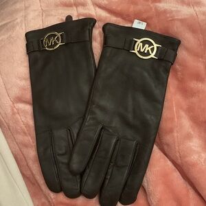 Michael Kors Dark Brown Leather Gloves with Gold Logo